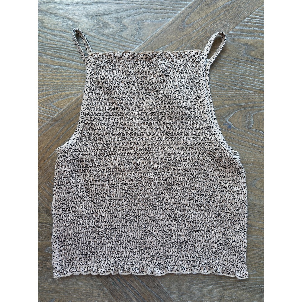 Gaze Smocked Animal Print Cami Tank Top Tan Black Crop High Neck Teens Large - Picture 2 of 5